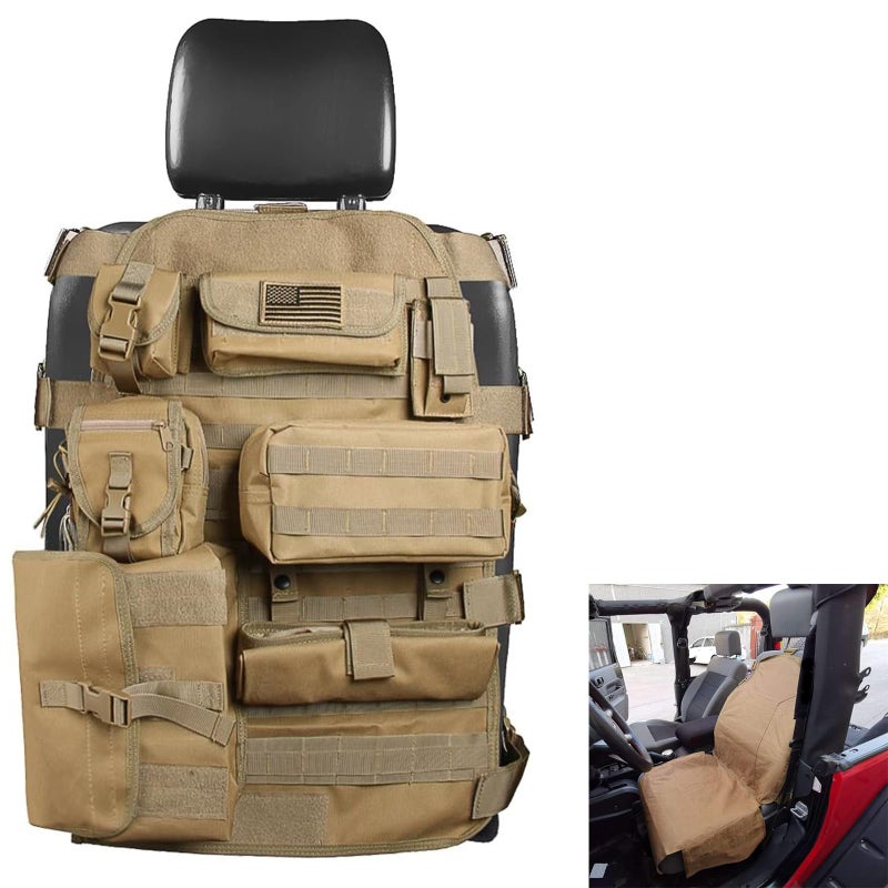 SUNPIE Upgrade Larger Seat Protector Universal Fit Tactical Seat Cover for Trucks Pickup SUV, Compatible with JL/JT, JK, TJ, Compatible with F150 Multi Pockets Molle Seat Back Organizer-Beige - Image 1